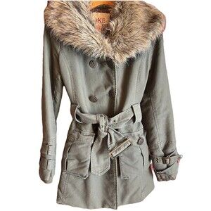 BKE Vintage Penny Lane Cotton InsulatedTrench w/ Faux Fur Removable Collar Large
